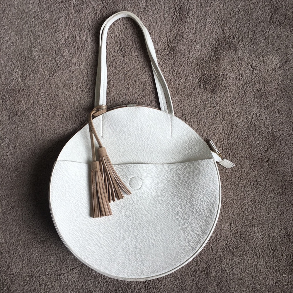 Anthropologie White Round Leather Shoulder Bag with Tan Tassels
